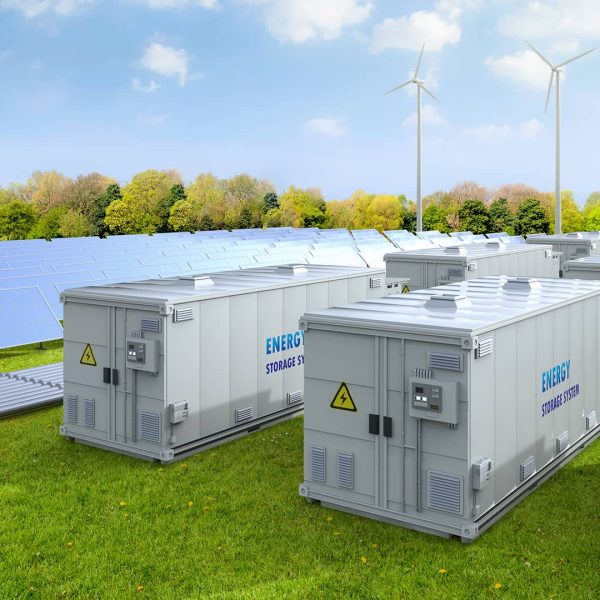 3d rendering amount of energy storage systems or battery container units with solar and turbine farm